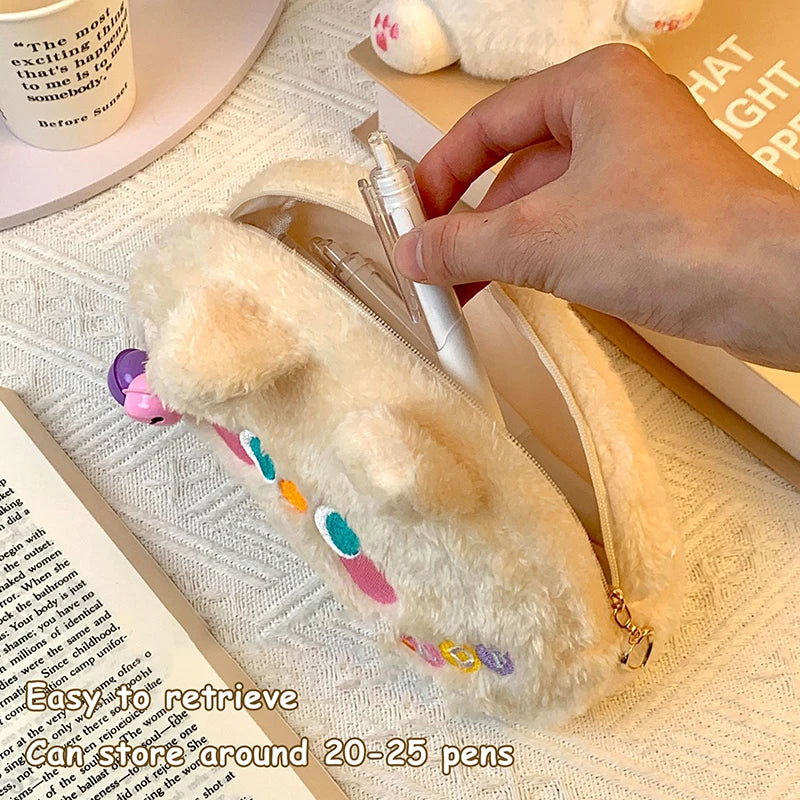 Adorable Cartoon Bear Plush Pencil Case – Large Capacity Stationery & Makeup Organizer