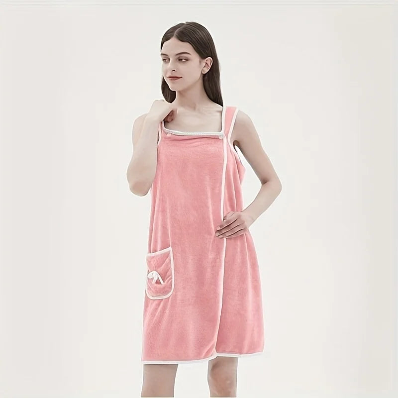 Wearable Coral Velvet Bath Towel – Soft Quick-Dry Bath Dress with Pockets & Bow Design | Absorbent Spa Robe for Women