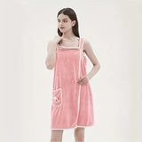 Wearable Coral Velvet Bath Towel – Soft Quick-Dry Bath Dress with Pockets & Bow Design | Absorbent Spa Robe for Women