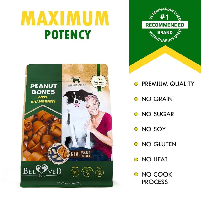 Dog Peanut Butter Bones with Cranberry – Rawhide-Free Organic Chew Treats, Healthy Collagen Snacks for All Breeds