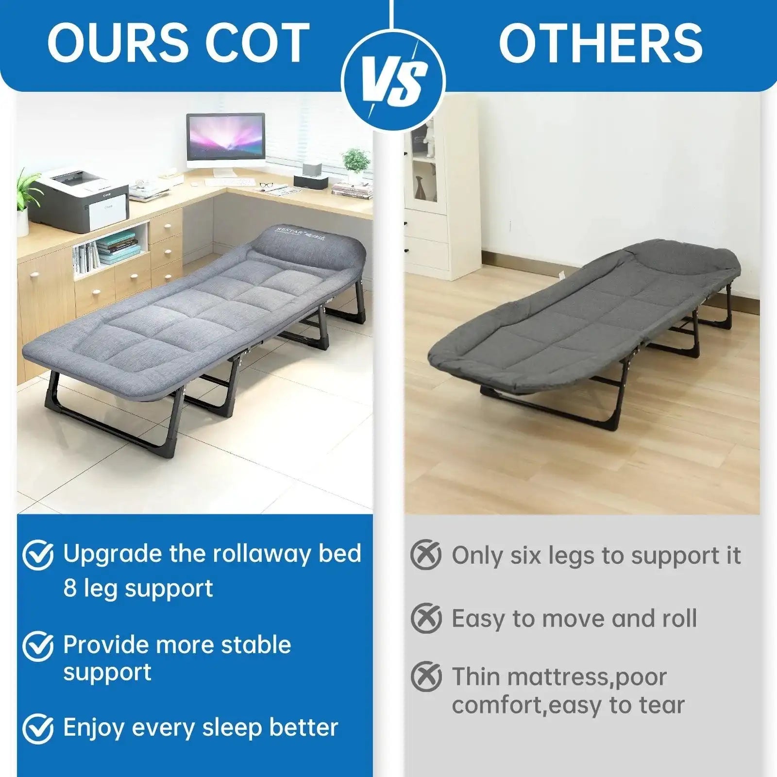 Niceway 6 Adjustable Positions Camping Cot with Mattress & Pillow for Adults 550LBS Heavy Duty Sleeping Cot Outdoor Folding Bed - PulinGO