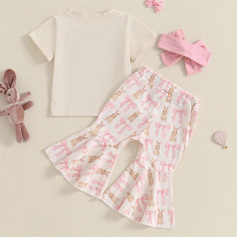 “Toddler Girl Easter Outfit – 3-Piece Bow Bunny Print T-Shirt, Flare Pants & Headband Set”