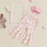 “Toddler Girl Easter Outfit – 3-Piece Bow Bunny Print T-Shirt, Flare Pants & Headband Set”