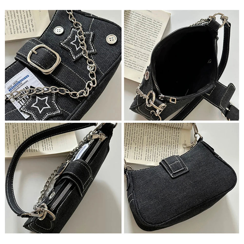 Women’s Y2K Star Denim Clutch – Large Capacity Shoulder & Underarm Hobo Bag with Chic Chain Strap 👜✨