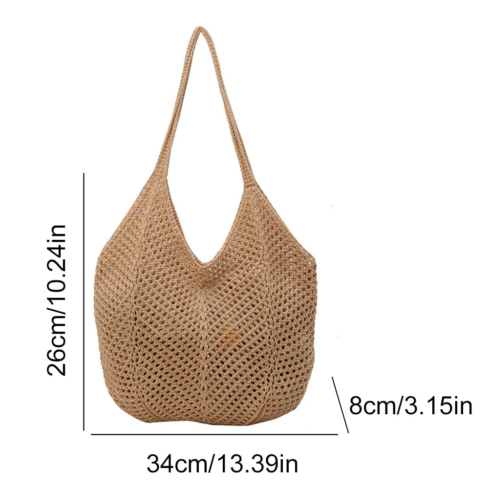 Women’s Knitted Shoulder Tote – Large-Capacity Crochet Underarm Bag, Summer Mesh Beach Hobo Handbag