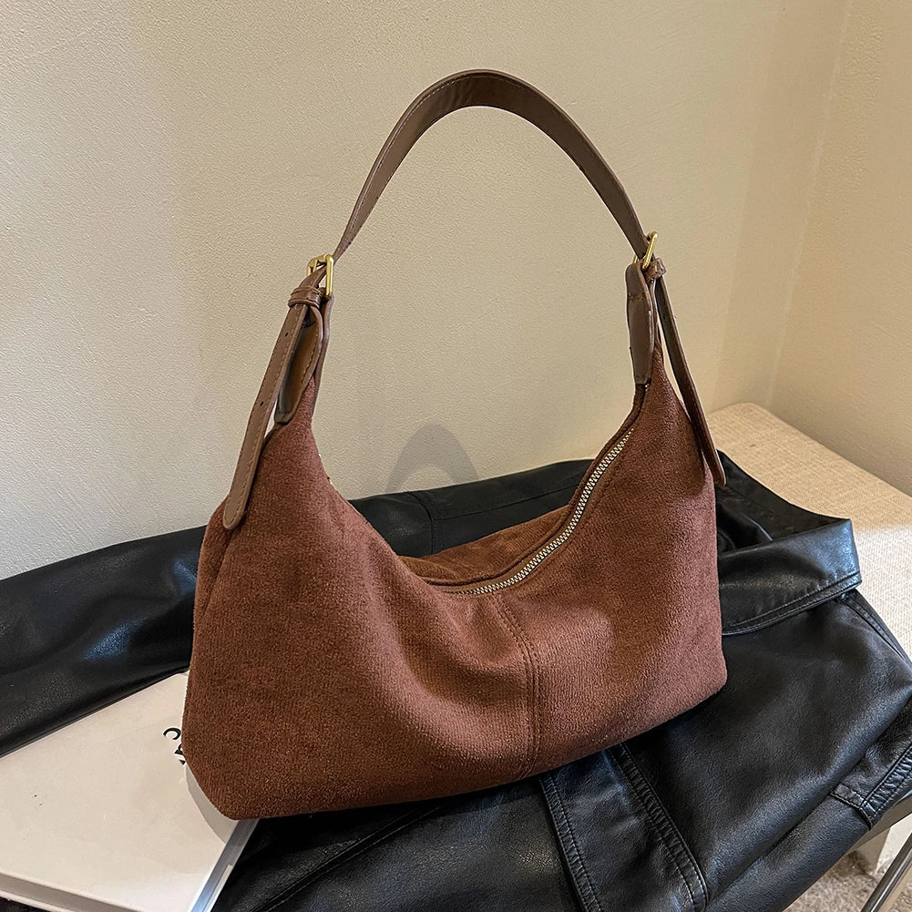 Women’s Vintage Suede Crescent Hobo Bag – Luxury Designer Shoulder Purse, Casual Crossbody Handbag & Retro Clutch