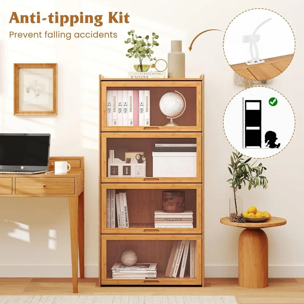 🎋 4-Tier Bamboo Bookcase with Clear Flip-Up Doors – 55" Freestanding Bookshelf & Cube Storage Organizer with Shelves