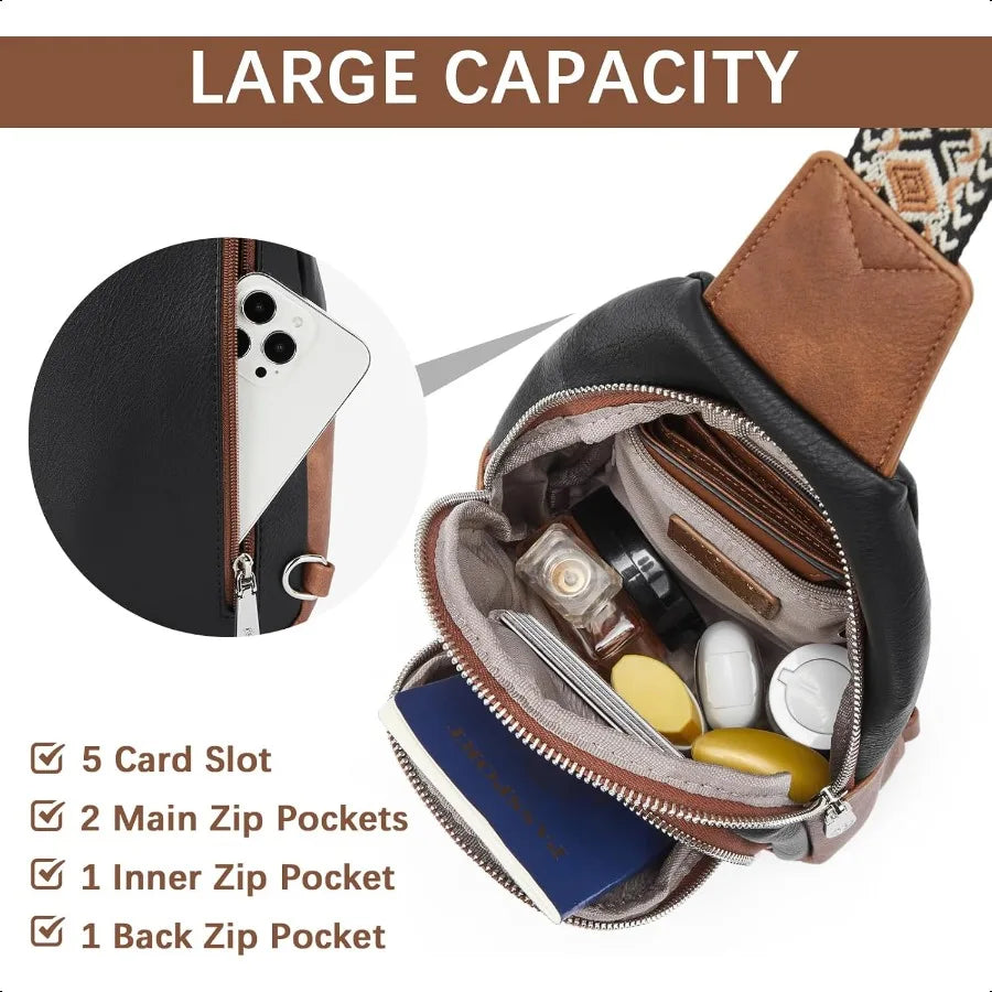 Women’s Leather Sling Crossbody Bag – Minimalist Chest Purse with Adjustable Guitar Strap for Travel & Everyday Style