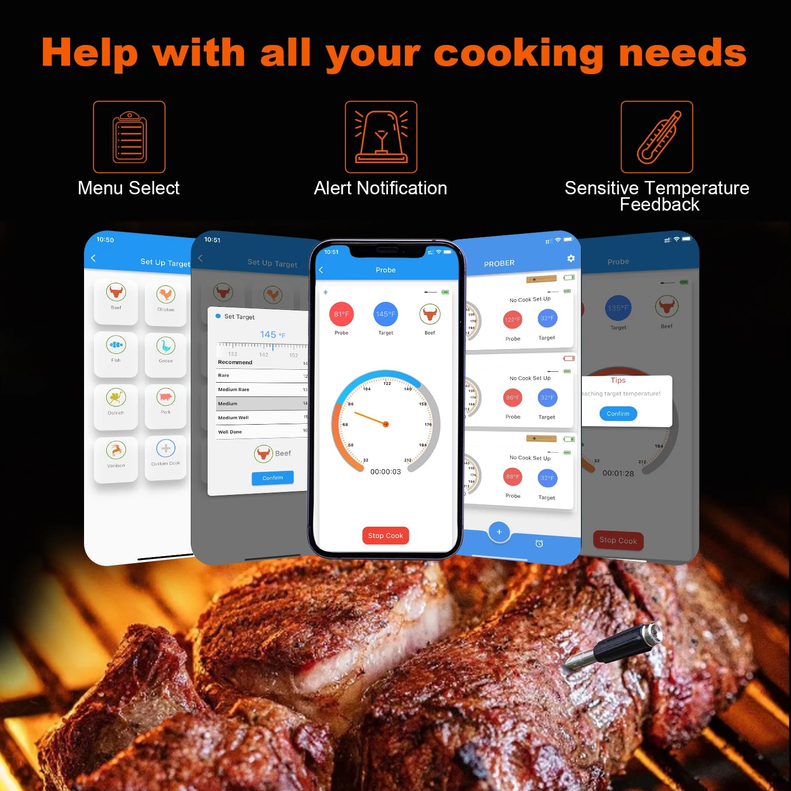 Rayfurn Smart Meat Thermometer – Wireless Bluetooth BBQ Thermometer with Rechargeable Battery & Accurate Food Temperature Measurement