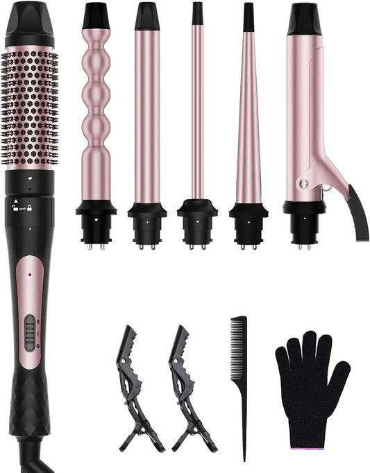 6-in-1 Curling Iron Wand Set – 3 Ceramic Barrels, Bubble Wand, Thermal Brush & Interchangeable Design
