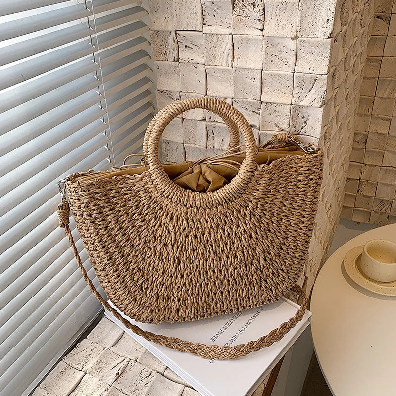 Handmade Straw Woven Bucket Tote for Women – Summer Seaside Beach Handbag with Handle, Travel & Shopping Basket Bag