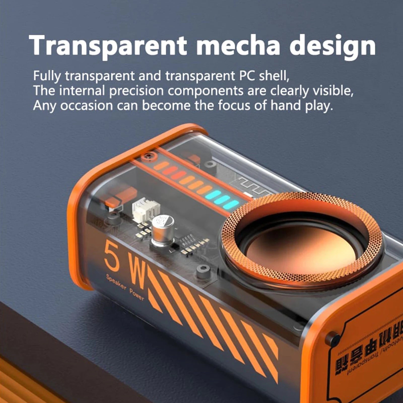 K07 Transparent Bluetooth Speaker – Mecha-Style TWS Stereo Speaker with 3 LED Light Modes & Hands-Free Calling