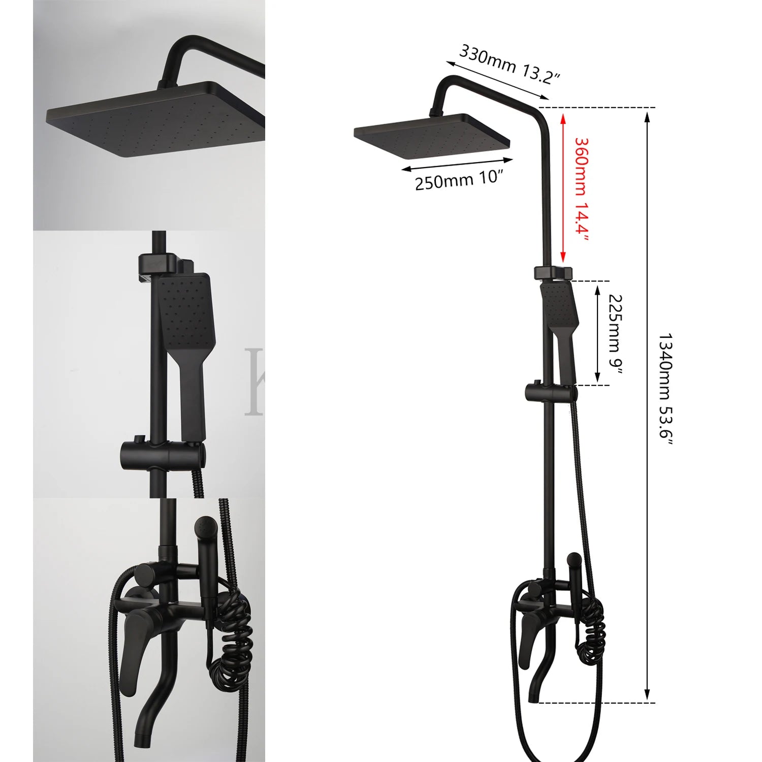 Zappo Matte Black 3-Way Wall-Mounted Rainfall Shower System – Shelf & Bathtub Mixer Included