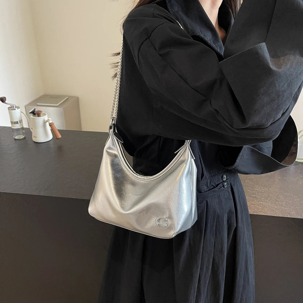 Women’s PU Leather Casual Tote & Chain Sling Bag – Large-Capacity Under-Arm Satchel with Multi-Pockets