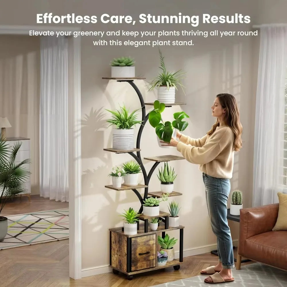 “65-Inch Indoor Plant Stand with Grow Lights – Tiered Metal Shelf with Wheels & Drawer for Home Plant Storage & Decor”