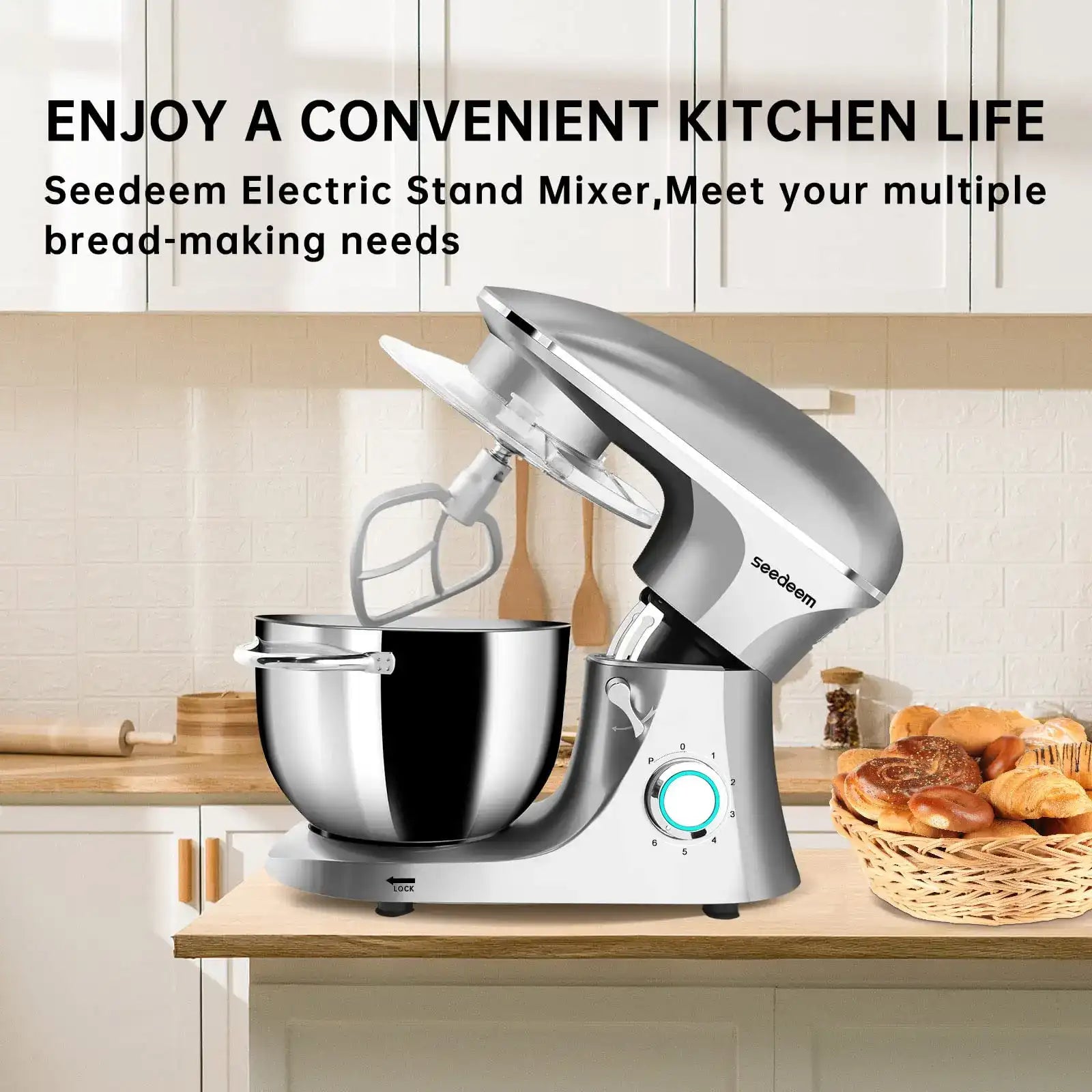 6 QT Electric Stand Mixer – 660 W Tilt-Head Food Mixer with 6-Speed, Dough Hook, Whisk & Dishwasher-Safe Bowl