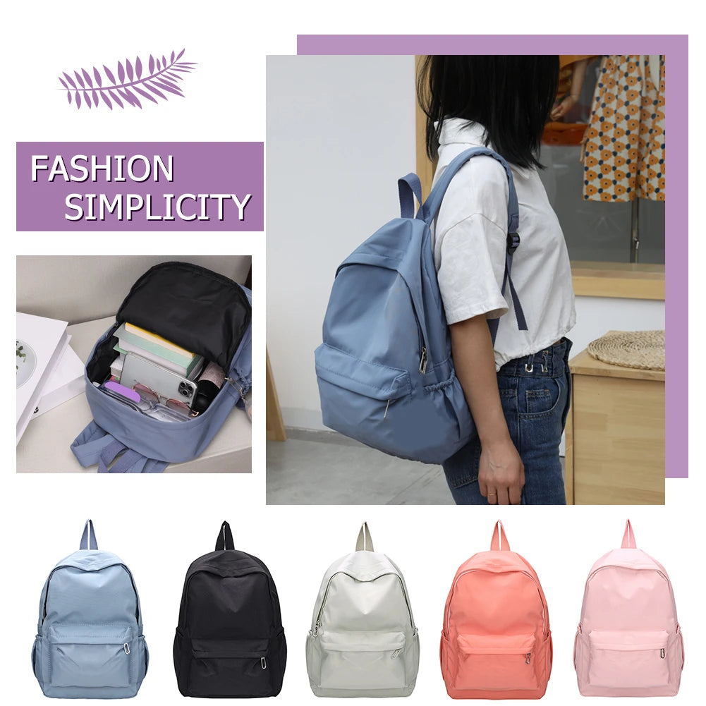 Solid Color Nylon Backpack for Girls – Large Capacity Daily School & Travel Shoulder Backpack