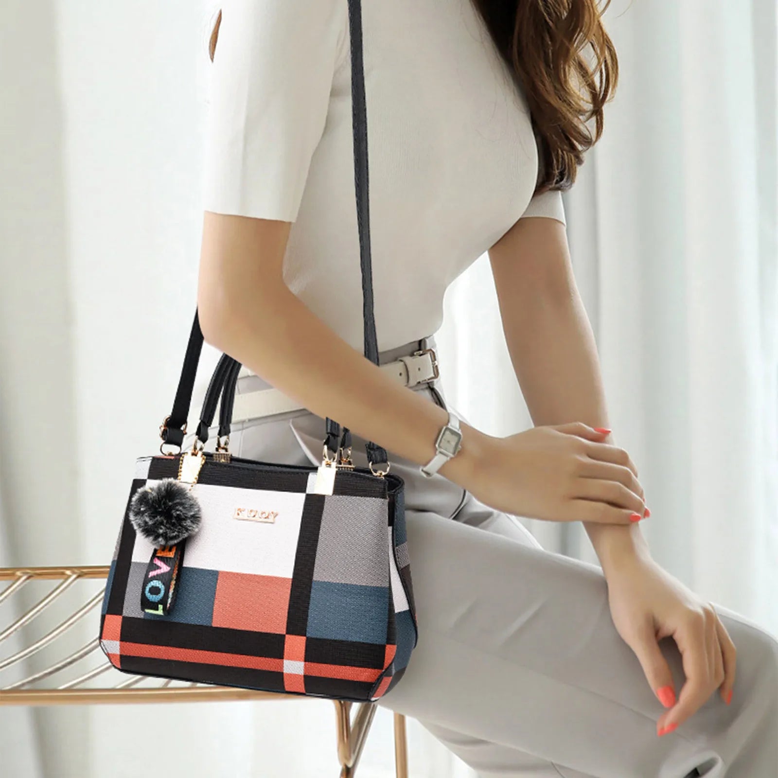 Elegant designer women’s handbag – PU leather crossbody messenger bag with top-handle tote design & fluffy keychain accessory