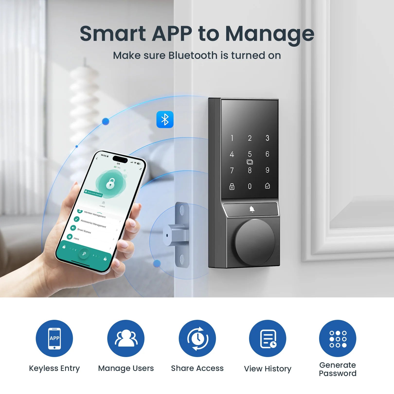 Smart Door Lock with Doorbell – Keyless Bluetooth Deadbolt, Auto Lock, APP Control for Secure Front Door Access 🔒📱