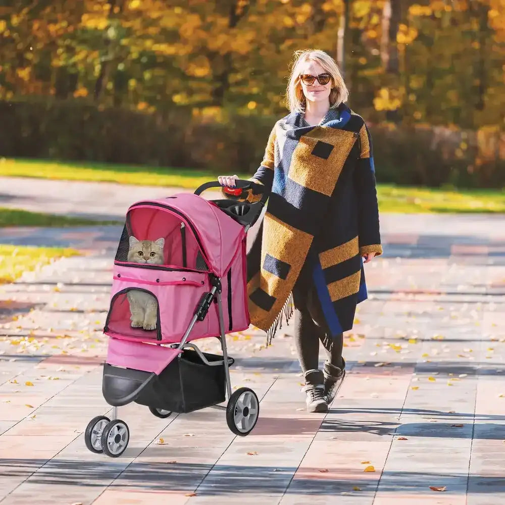 Foldable 3-Wheel Pet Stroller Cart for Dogs & Cats – Pink Cup-Holder Carrier