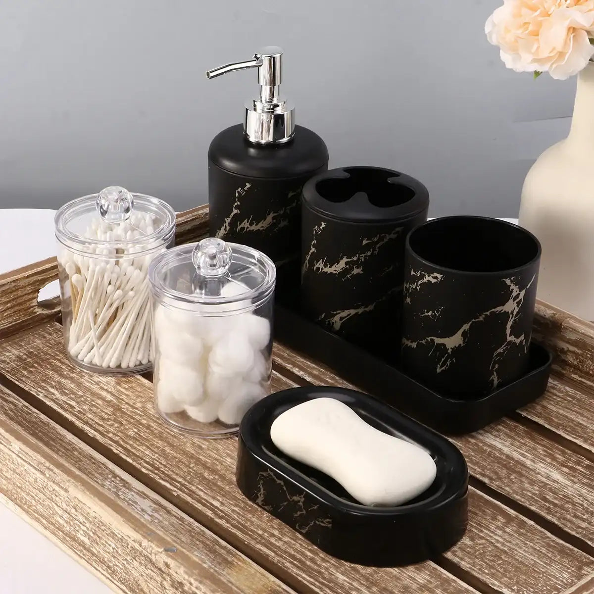 7-Piece White Marble Bathroom Accessory Wash Set – Soap Dispenser, Tray & Cotton Swab Box