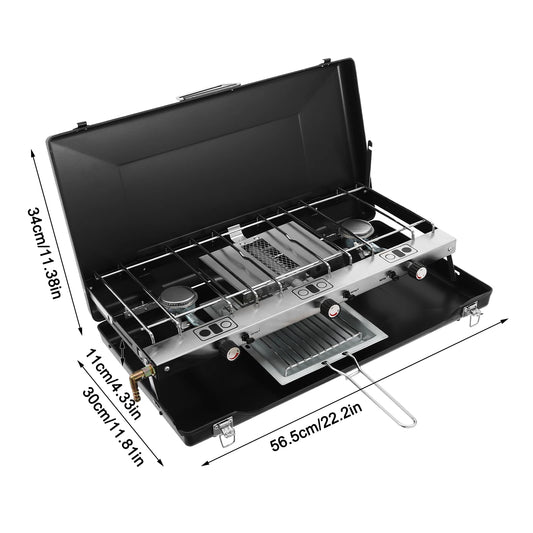 “Portable 3-Burner Camping Stove – Foldable Outdoor Gas Stove with Grid for BBQ & Cooking”