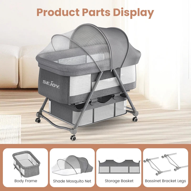 3-in-1 Baby Travel Cot & Crib – Convertible Folding Bed with Mosquito Net, Soft Mattress Pad & Silent Wheels