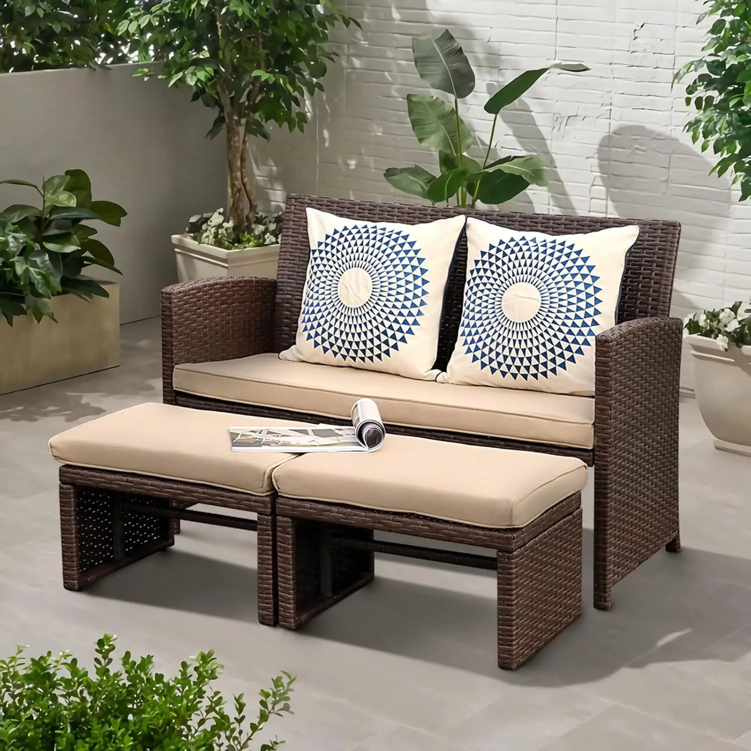 3-Piece All-Weather Wicker Outdoor Loveseat Set with Ottoman & Side Table