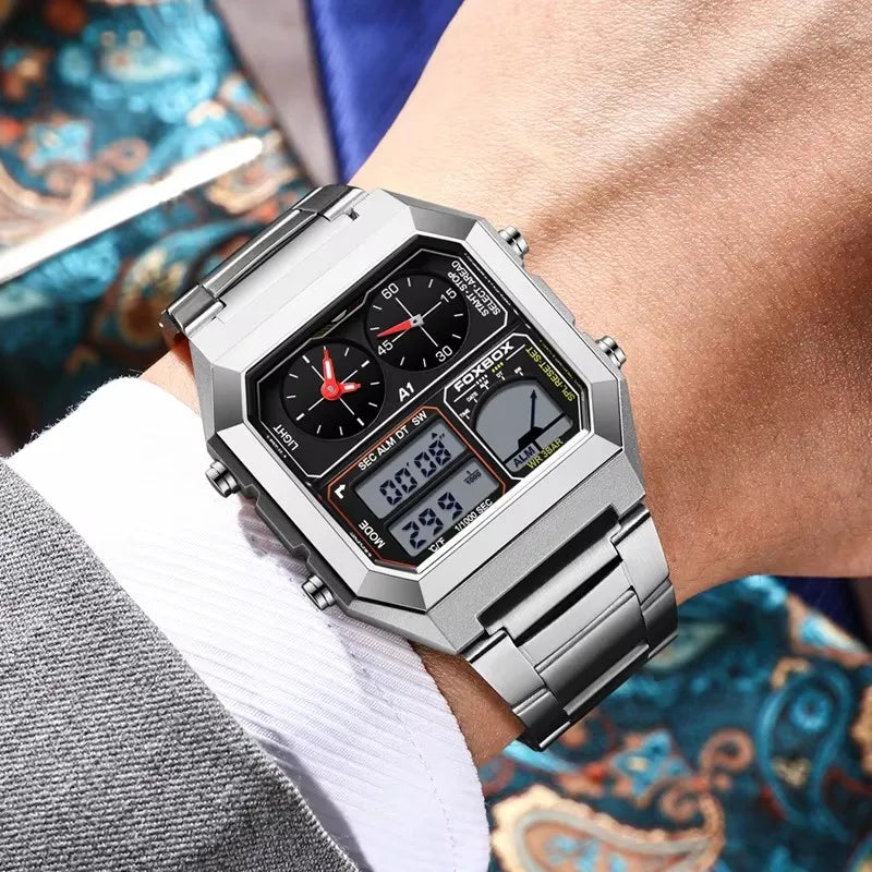FOXBOX Men’s Electronic Sports Watch – Waterproof, Luminous Dial, Stainless Steel Strap & Alarm ⌚✨