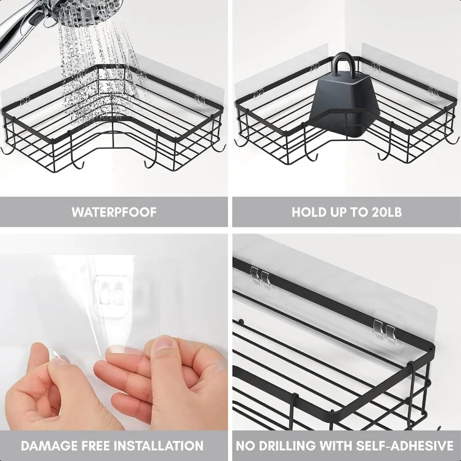 4-Pack Black No-Drill Corner Shower Organizers – Wall-Mounted Shelves with Soap Caddy & Toothbrush Holder