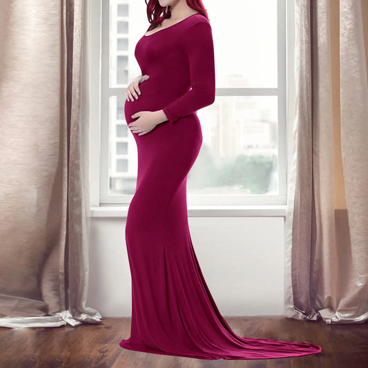 Women’s Cotton Maternity Photography Dress – Long Sleeve Crewneck Pregnancy Gown with Trailing Hem, Elegant Outfit