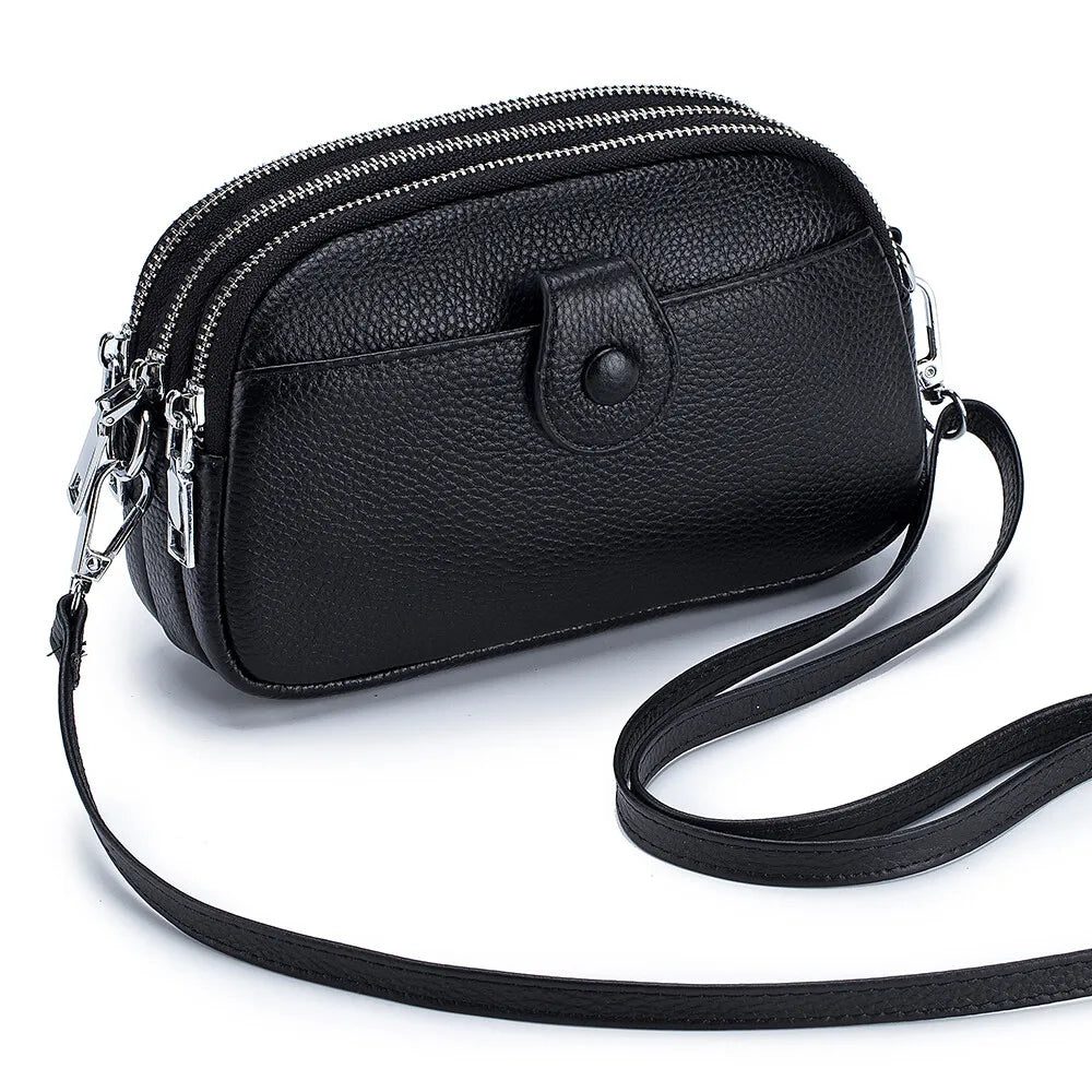 Women’s Genuine Leather Crossbody & Shoulder Bag – Large Capacity Zipper Wallet & Mobile Phone Bag with Adjustable Strap