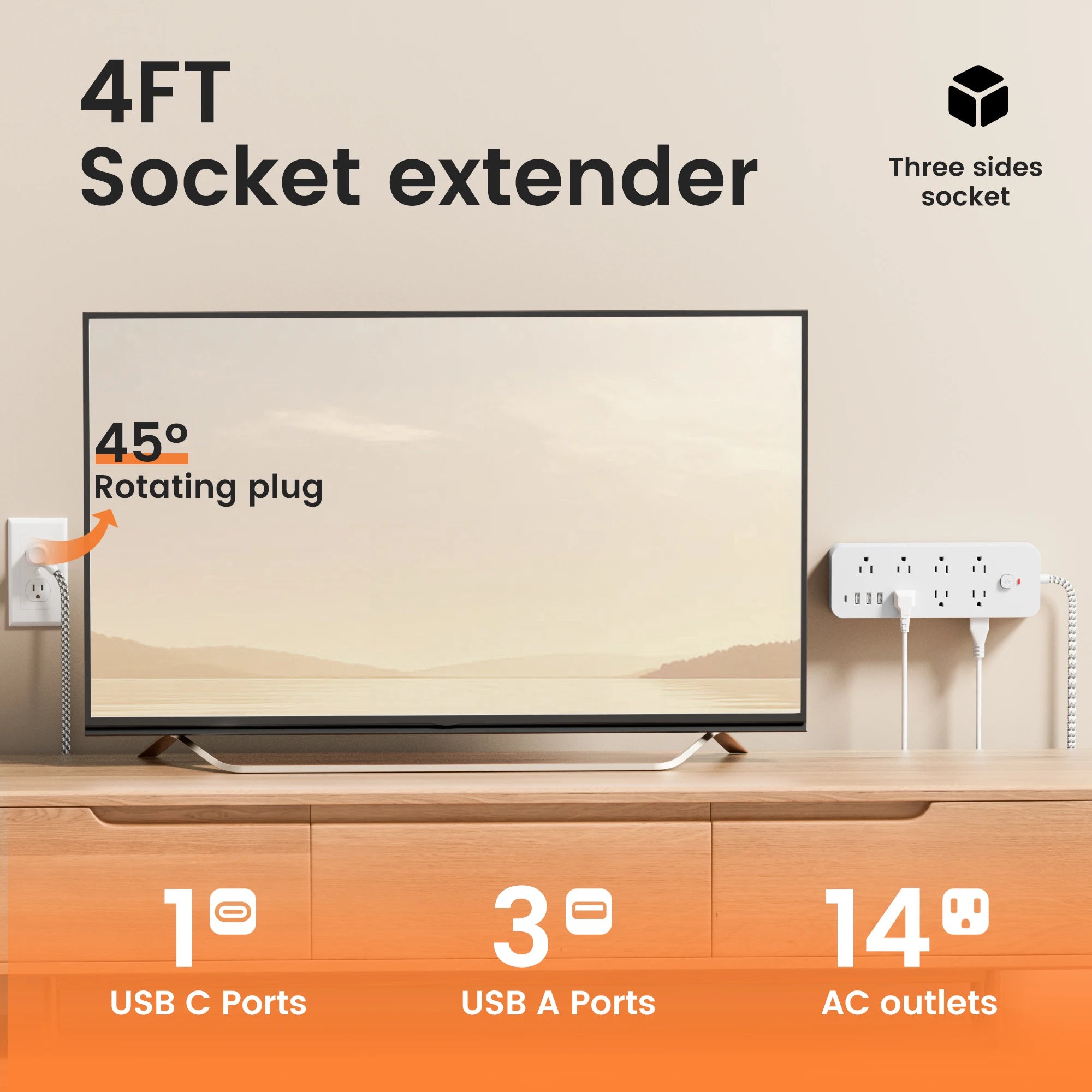 18-in-1 Multitap Power Strip – US Plug Extension with AC Outlets, USB & Type-C Ports, 4FT Braided Cord, Smart Home Electrical Socket