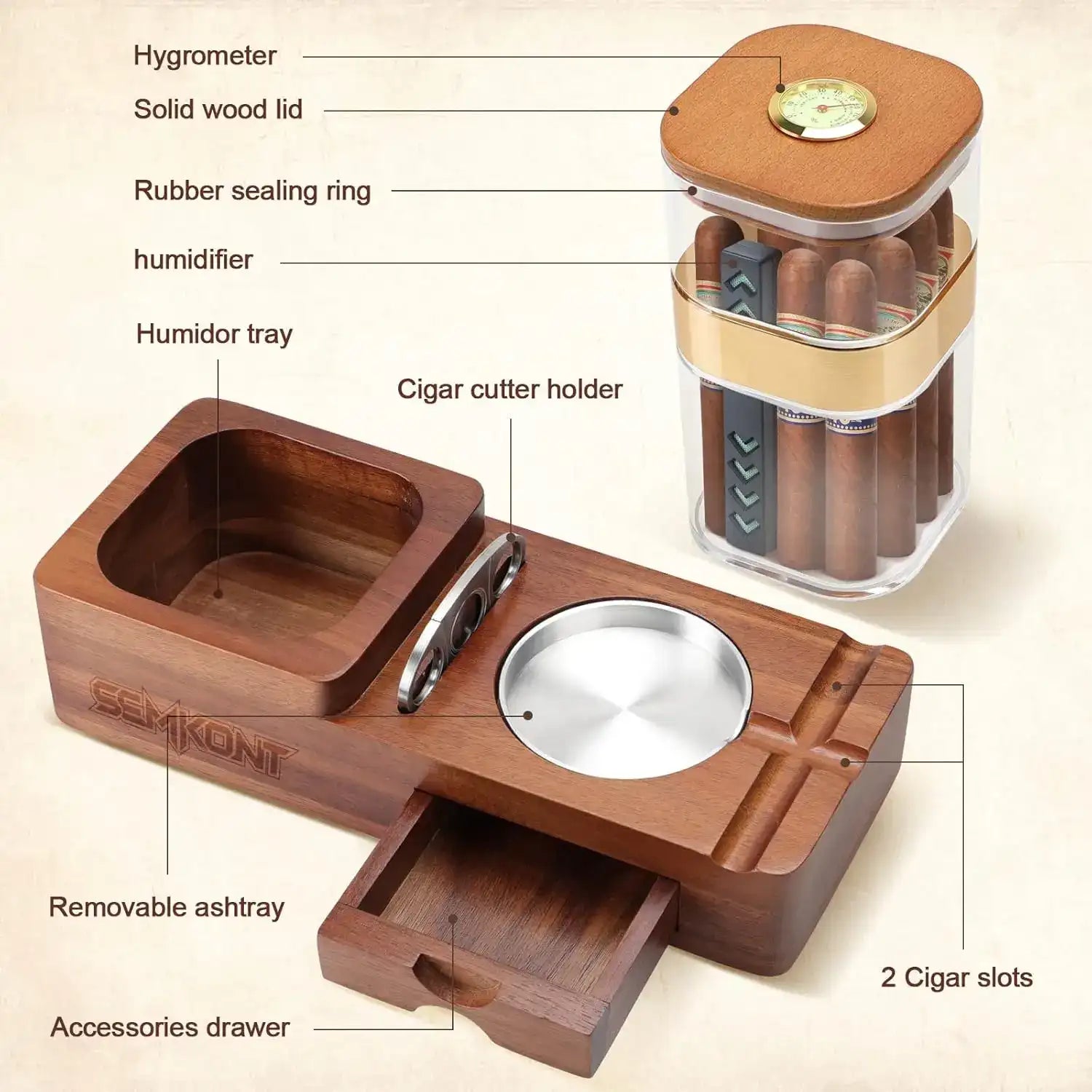 Wooden Cigar Humidor & Ashtray Set with Drawer, Cigar Jar, Cigar Cutter & Slot Organizer