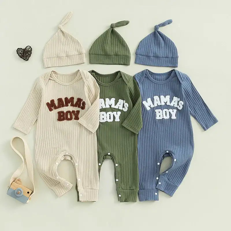Letter-Embroidered Ribbed Long-Sleeve Baby Boy Bodysuit with Hat – Fall Outfit Jumper for 0-24 Months