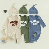 Letter-Embroidered Ribbed Long-Sleeve Baby Boy Bodysuit with Hat – Fall Outfit Jumper for 0-24 Months