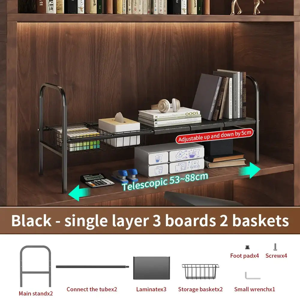 Expandable Under Sink Organizer Rack – 2-Tier Adjustable Cabinet Shelf with Removable Baskets