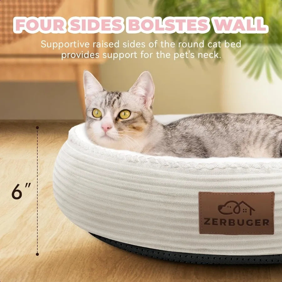 20in Cream Round Cat & Dog Bed – Washable Plush Sleeping Sofa with Nonslip Bottom, Breathable & Soft Cushion for Pets