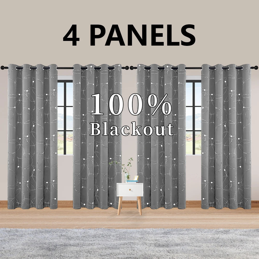 Blackout Thermal Insulated Room-Darkening Curtains – 4-Piece Grommet Circles & Dots Foil Print (Bedroom Set)