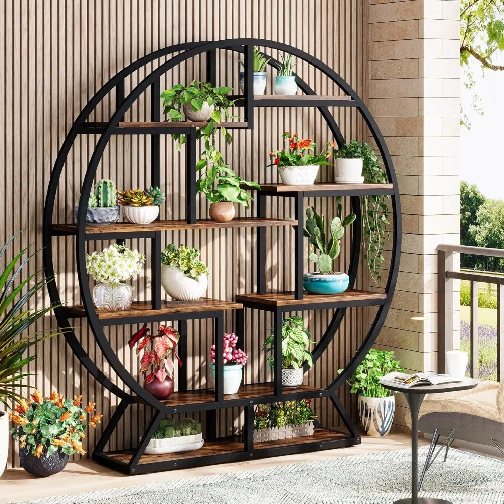 Round Industrial Etagere Bookcase – 63″ Tall with 14 Staggered Display Shelves & Metal Frame
