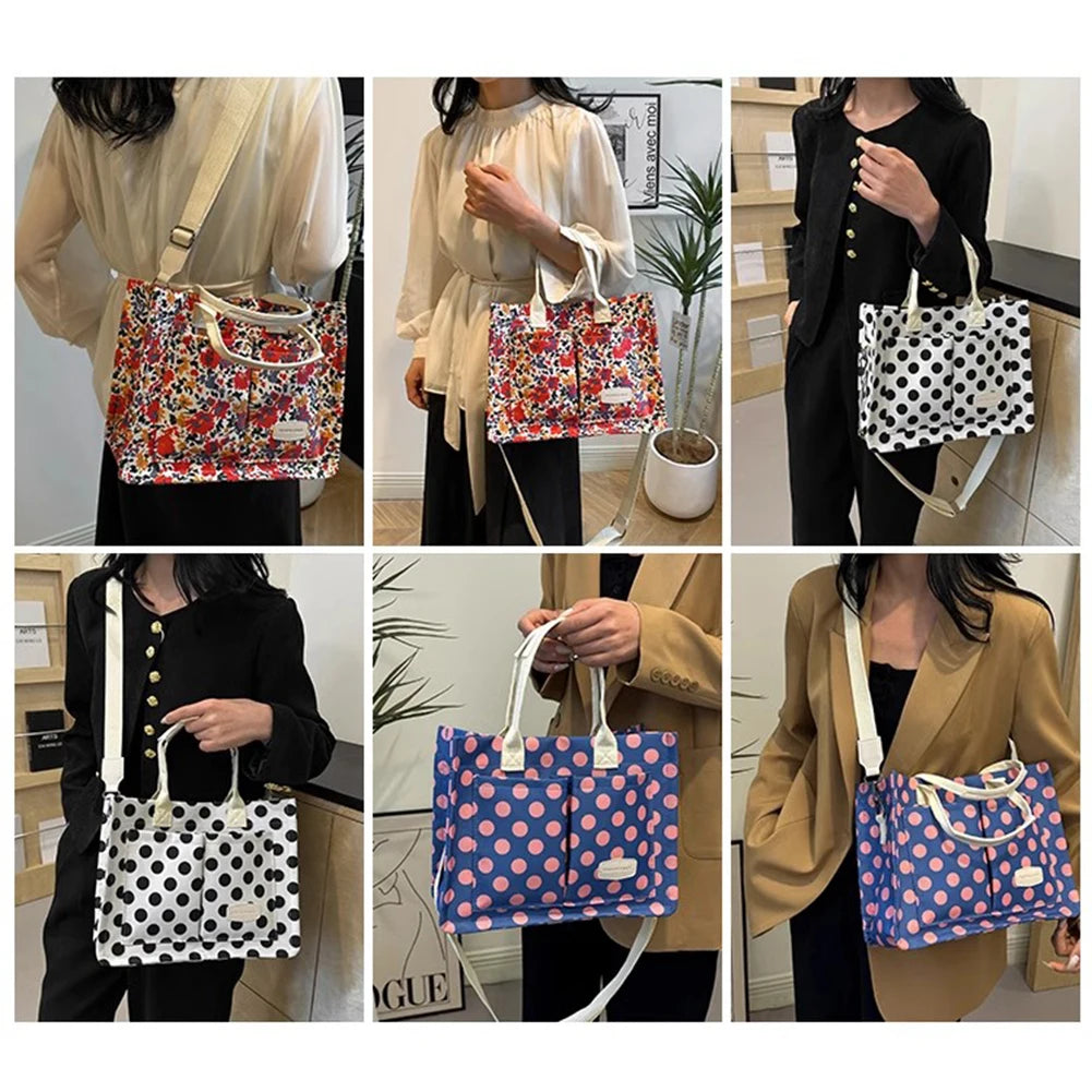 Women’s Polka Dot & Floral Tote Bag – Large-Capacity Stylish Shoulder & Crossbody Bag with Adjustable Strap & Multi-Pockets for Travel
