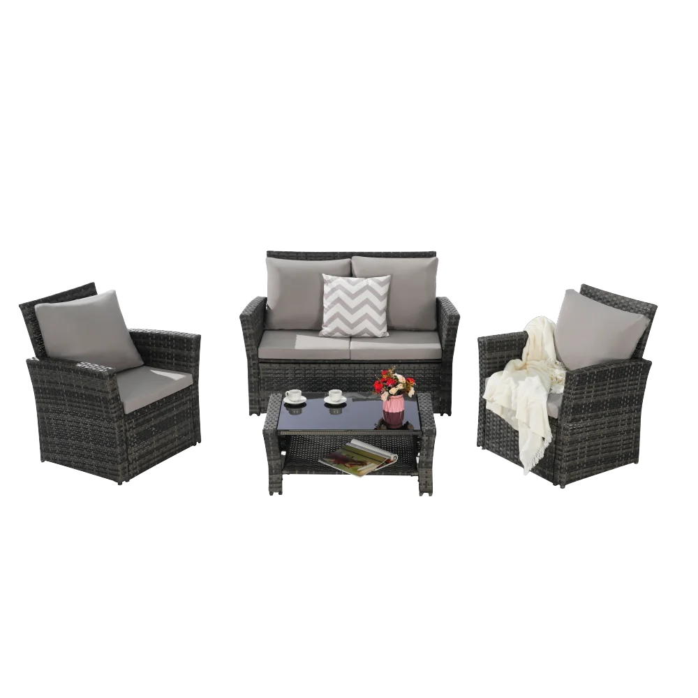 “4-Piece Outdoor Patio Furniture Set – Rattan Chairs with Sofa & Tempered Glass Coffee Table”