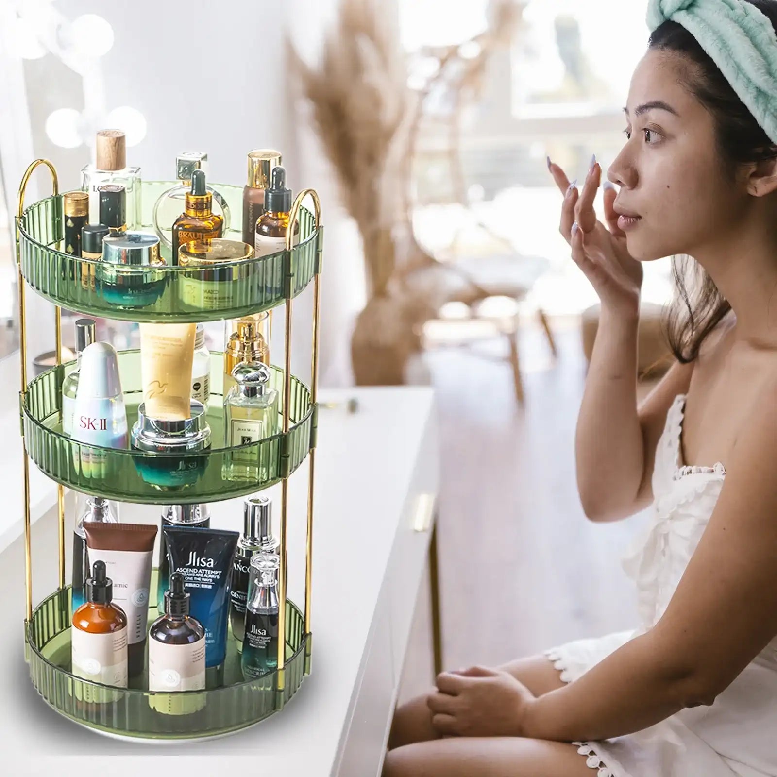 “3-Tier Rotating Makeup Organizer – High-Capacity Clear Skincare & Cosmetic Storage for Vanity and Countertops”