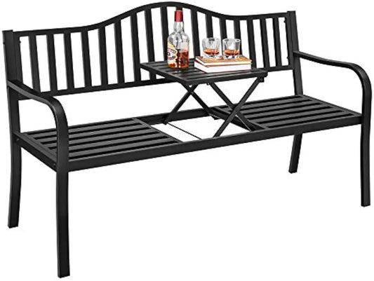 Outdoor Garden Bench with Pull-Out Middle Table – Weather-Resistant Metal Patio Bench for Porch & Backyard