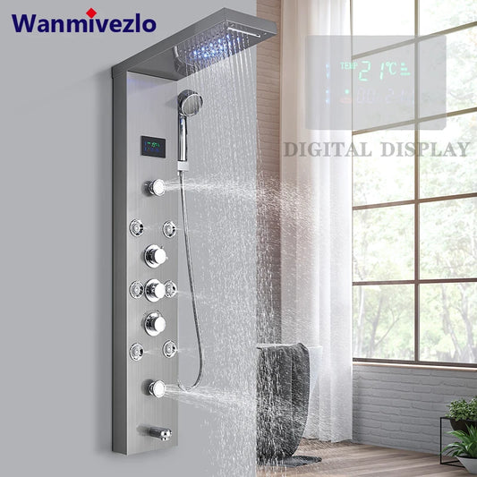 LED Light Rainfall Shower Panel System – Thermostatic Mixer Tap with Massage Jets & Digital Temperature Screen
