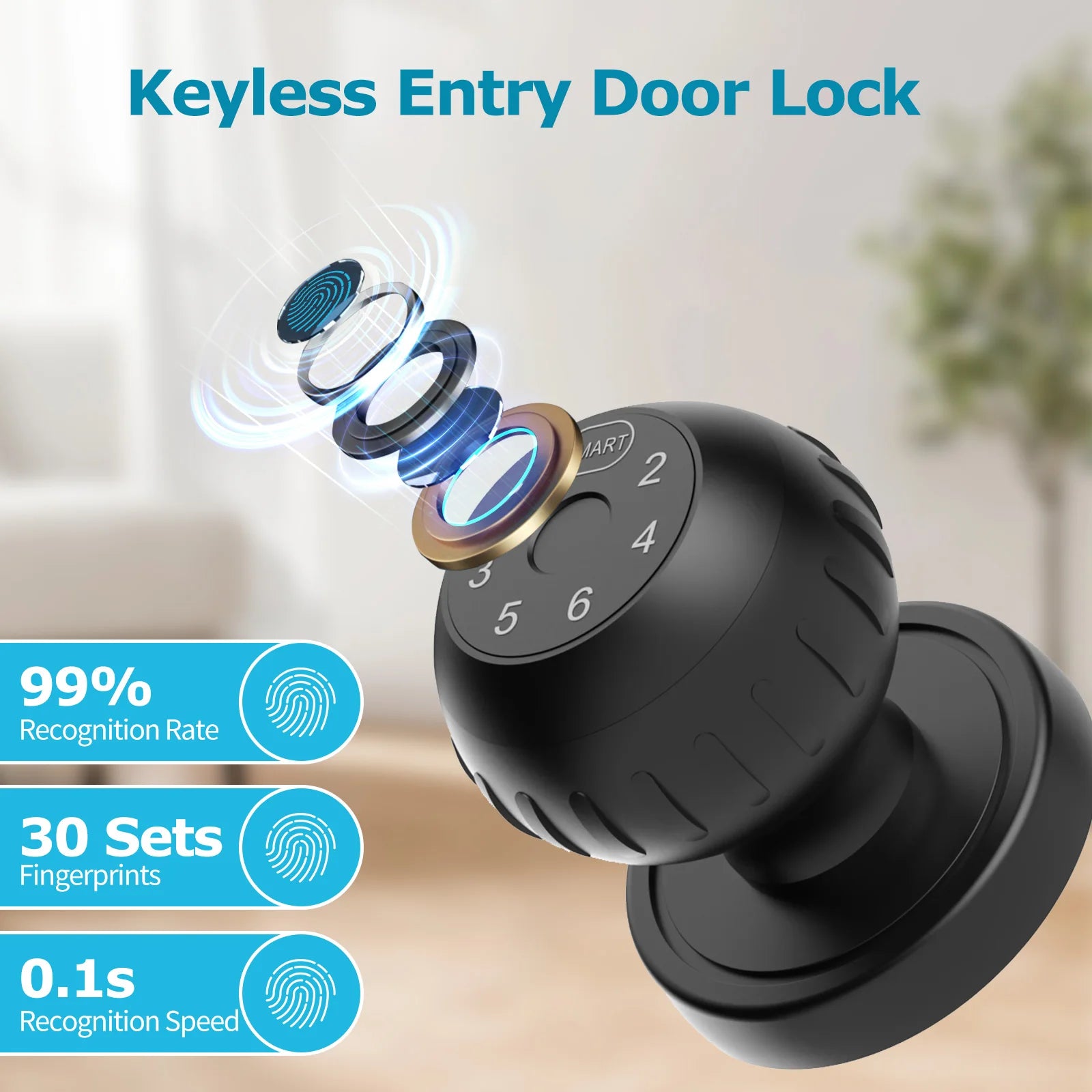 Viladepot Ball-Shaped Smart Lock – Fingerprint & App Controlled Round Electric Door Knob with Touchscreen Keypad