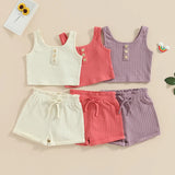 Lioraitiin Girls’ 2-Piece Summer Outfit – Sleeveless Knit Vest Top & Solid Drawstring Shorts Set for Kids 0–8 Years