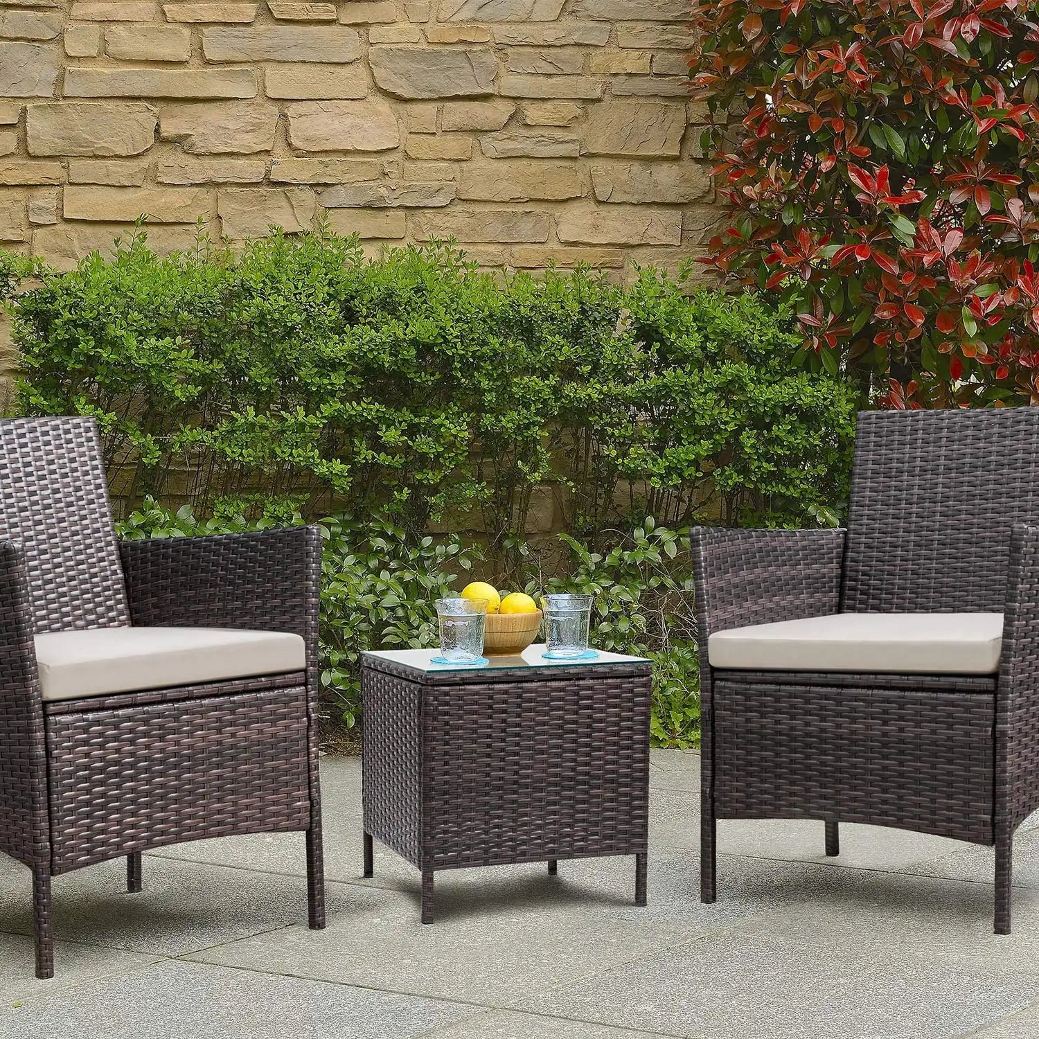 “3-Piece Outdoor Patio Bar Set – PE Rattan Wicker Table & Cushioned Chairs with Tempered Glass Top in Brown & Beige”