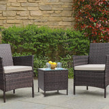 “3-Piece Outdoor Patio Bar Set – PE Rattan Wicker Table & Cushioned Chairs with Tempered Glass Top in Brown & Beige”
