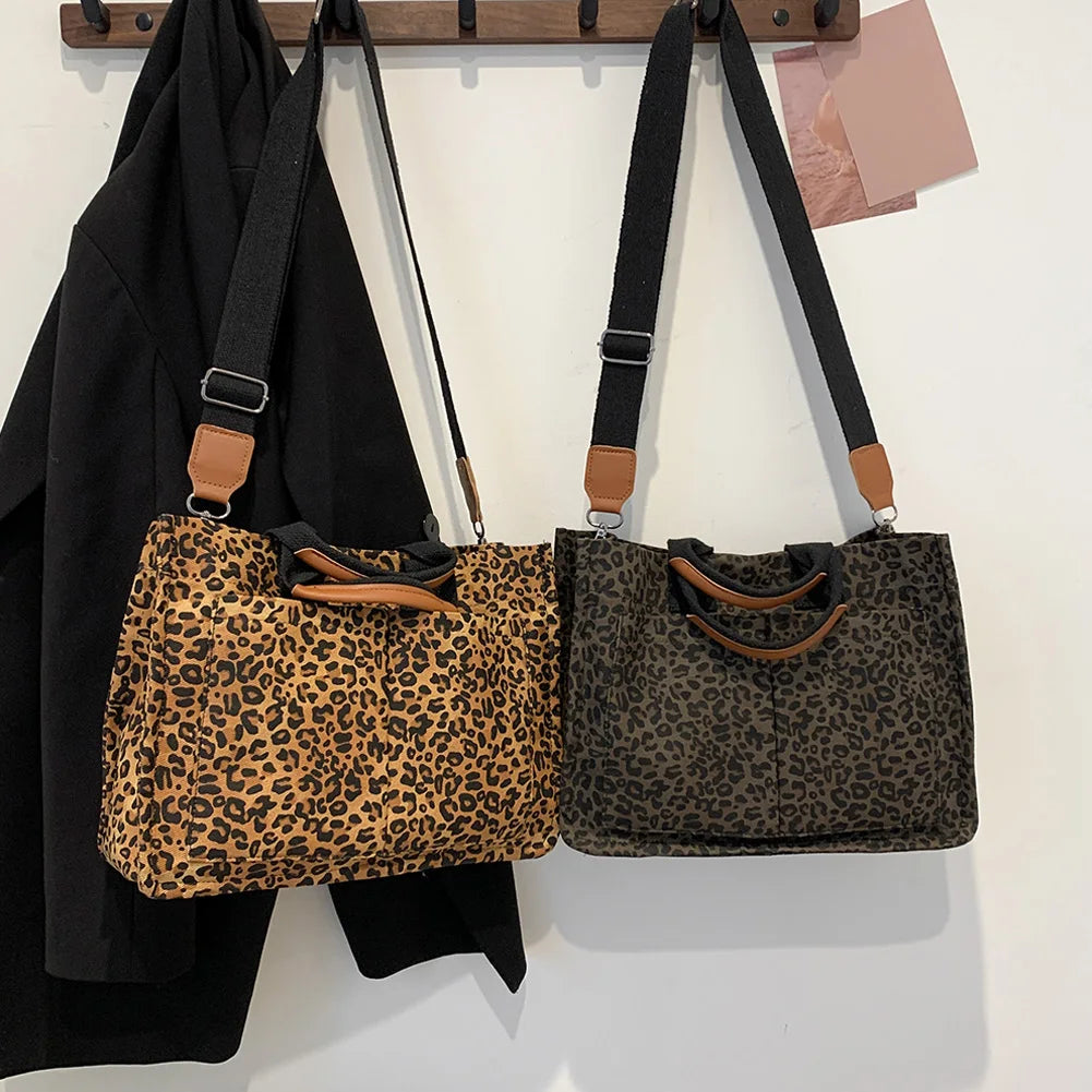 Leopard Print Canvas Tote Bag – Casual Briefcase with Pockets for Travel & Office